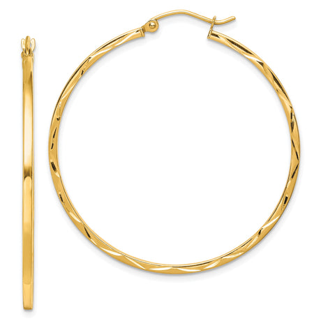 10k Yellow Gold Hoop Earrings, Twisted Diamond Cut Design, Lightweight Classic Style