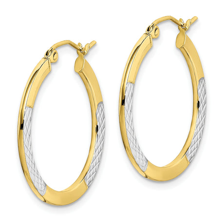 10k Yellow Gold Hoop Earrings, Diamond Cut Two Tone Round Design with Rhodium Finish