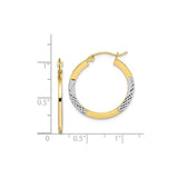 10k Yellow Gold Hoop Earrings, Diamond Cut Two Tone Round Design with Rhodium Finish