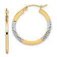 10k Yellow Gold Hoop Earrings, Diamond Cut Two Tone Round Design with Rhodium Finish