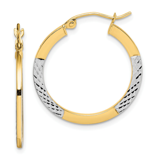 10k Yellow Gold Hoop Earrings, Diamond Cut Two Tone Round Design with Rhodium Finish