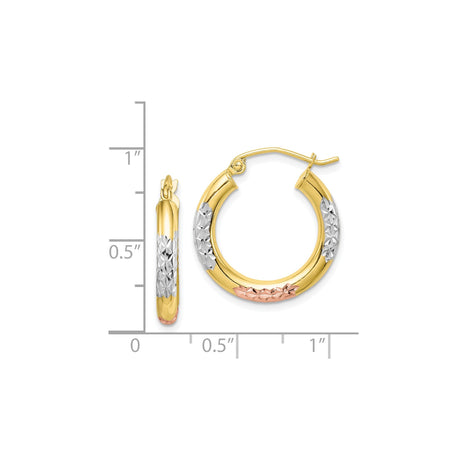10k Yellow Gold Hoop Earrings, Tri-Color with Rhodium and Rose Gold Accents, Diamond Cut Design