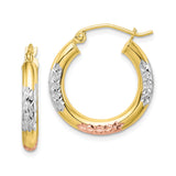 10k Yellow Gold Hoop Earrings, Tri-Color with Rhodium and Rose Gold Accents, Diamond Cut Design