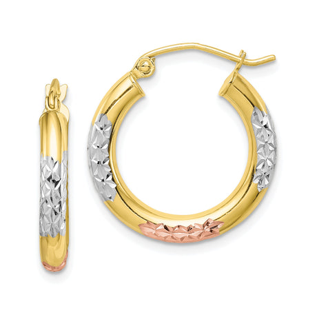 10k Yellow Gold Hoop Earrings, Tri-Color with Rhodium and Rose Gold Accents, Diamond Cut Design