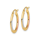 10k Yellow Gold Hoop Earrings, Diamond Cut Tri-Color with Rose Gold and Rhodium Accents