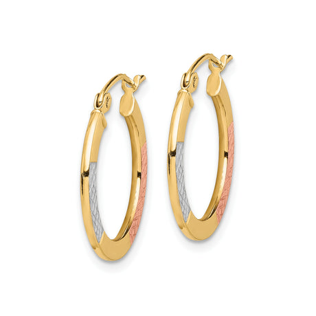 10k Yellow Gold Hoop Earrings, Diamond Cut Tri-Color with Rose Gold and Rhodium Accents