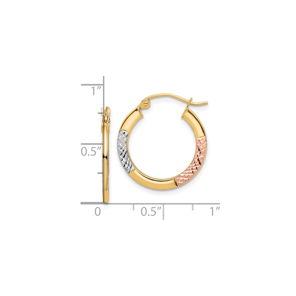 10k Yellow Gold Hoop Earrings, Diamond Cut Tri-Color with Rose Gold and Rhodium Accents