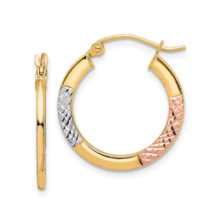 10k Yellow Gold Hoop Earrings, Diamond Cut Tri-Color with Rose Gold and Rhodium Accents