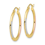 10k Yellow Gold Hoop Earrings, Tri-Color Textured Design with Rhodium and Rose Gold Accents, Lightweight