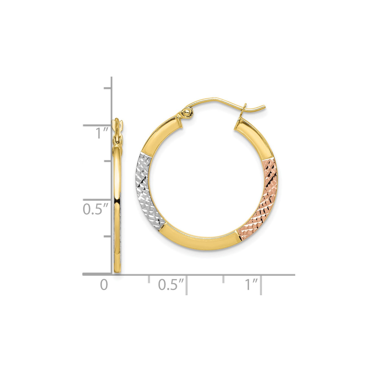 10k Yellow Gold Hoop Earrings, Tri-Color Textured Design with Rhodium and Rose Gold Accents, Lightweight