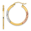 10k Yellow Gold Hoop Earrings, Tri-Color Textured Design with Rhodium and Rose Gold Accents, Lightweight
