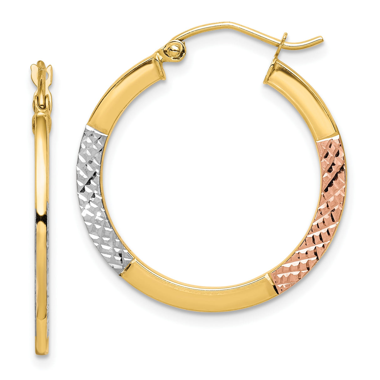 10k Yellow Gold Hoop Earrings, Tri-Color Textured Design with Rhodium and Rose Gold Accents, Lightweight