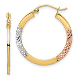 10k Yellow Gold Hoop Earrings, Tri-Color Textured Design with Rhodium and Rose Gold Accents, Lightweight