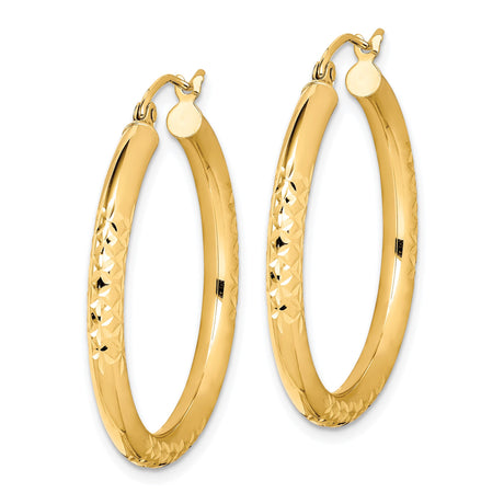 10k Yellow Gold Hoop Earrings, Diamond Cut Round Design with Textured Finish