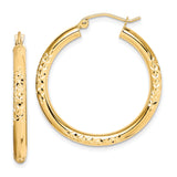 10k Yellow Gold Hoop Earrings, Diamond Cut Round Design with Textured Finish