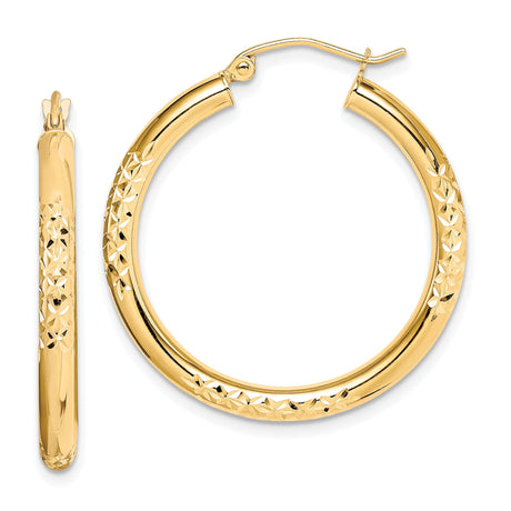 10k Yellow Gold Hoop Earrings, Diamond Cut Round Design with Textured Finish