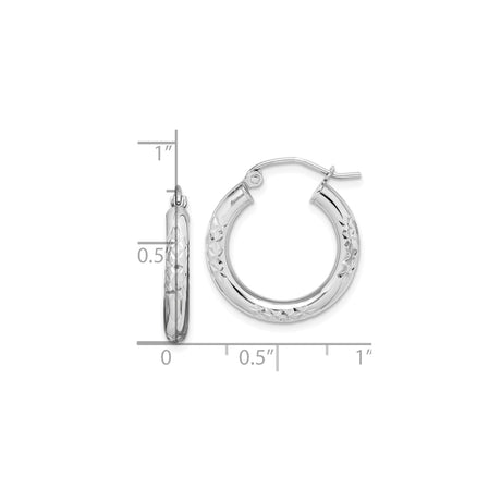 10k White Gold Hoop Earrings, Diamond Cut Floral Pattern, Lightweight Polished Finish