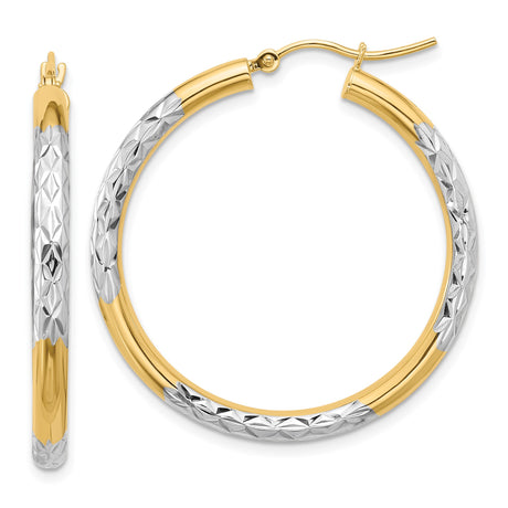 10k Yellow Gold Hoop Earrings with Diamond Cut Textured Finish, Two Tone Rhodium Plating