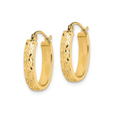 10k Yellow Gold Oval Hoop Earrings, Diamond Cut Textured Design, Lightweight with Latch Back Closure