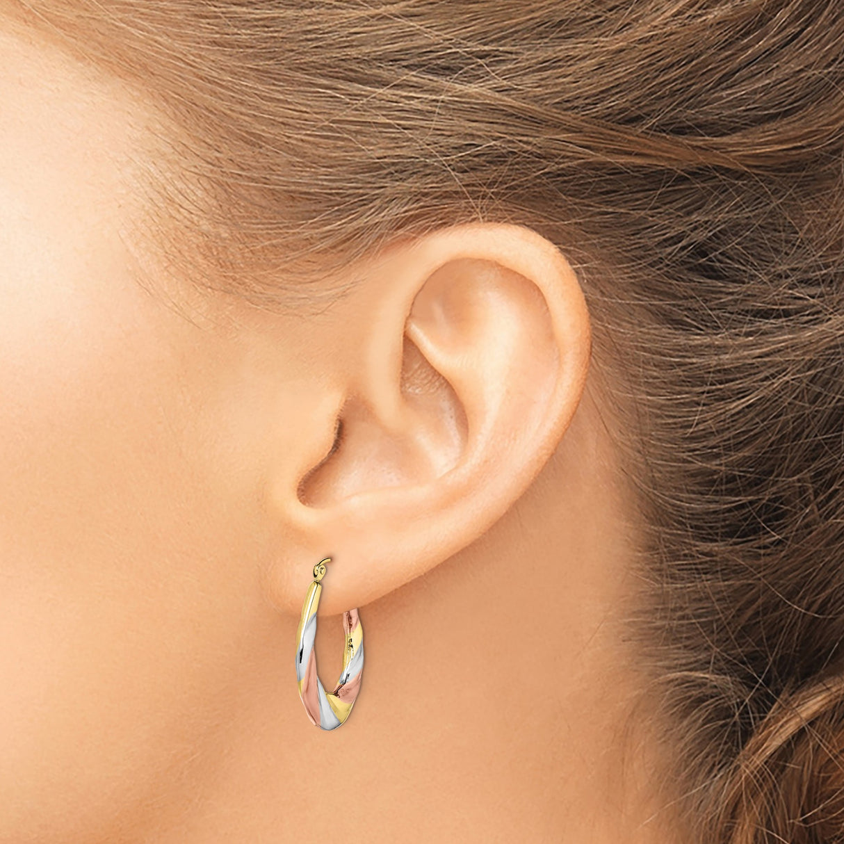 10k Yellow Gold Hoop Earrings, Twisted Teardrop Design with Rhodium and Rose Accents, Tri-Color Oval Hoops