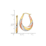 10k Yellow Gold Hoop Earrings, Twisted Teardrop Design with Rhodium and Rose Accents, Tri-Color Oval Hoops