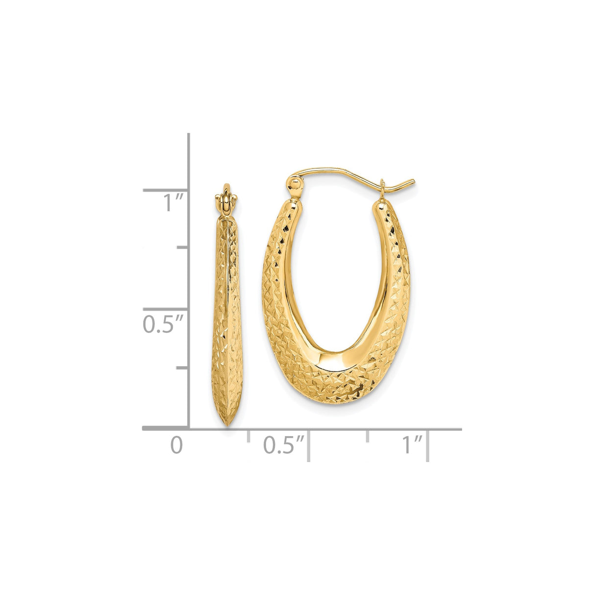 10k Yellow Gold Oval Hoop Earrings, Textured Diamond-Cut Teardrop Tapered Design for Women