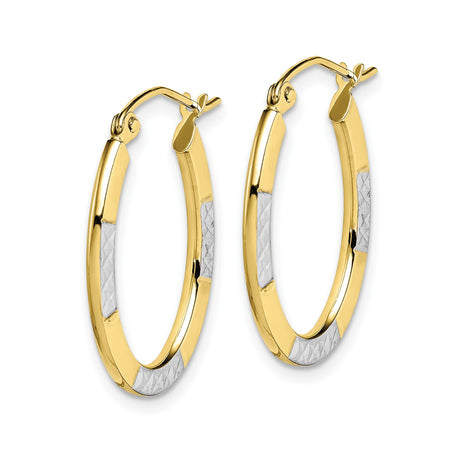 10k Yellow Gold Oval Hoop Earrings, Diamond-Cut Two-Tone Textured Design for Women