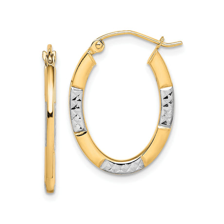 10k Yellow Gold Oval Hoop Earrings, Diamond-Cut Two-Tone Textured Design for Women
