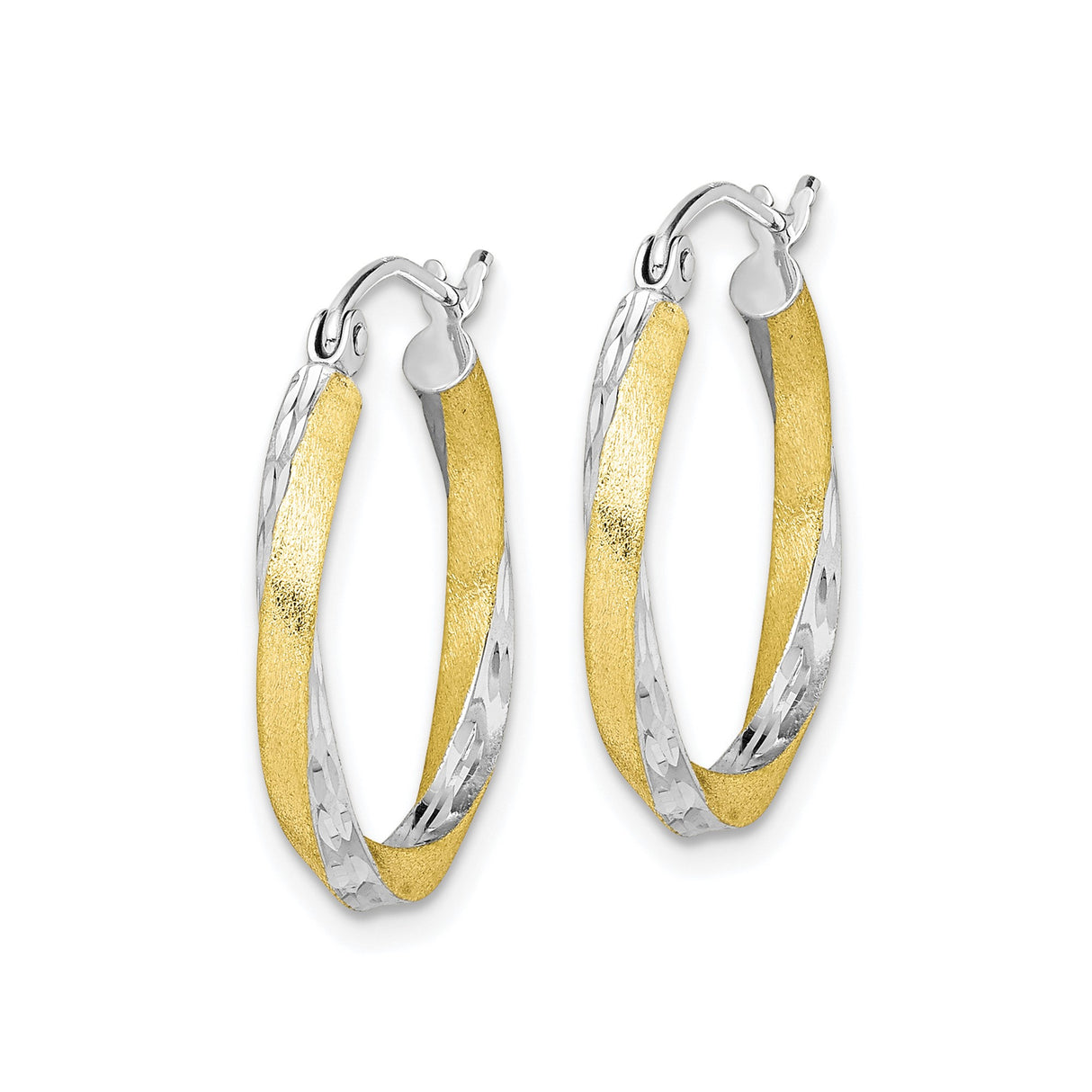 10k Yellow Gold Twisted Hoop Earrings, Two Tone Rhodium Plated, Diamond Cut, Medium Lightweight Hoops