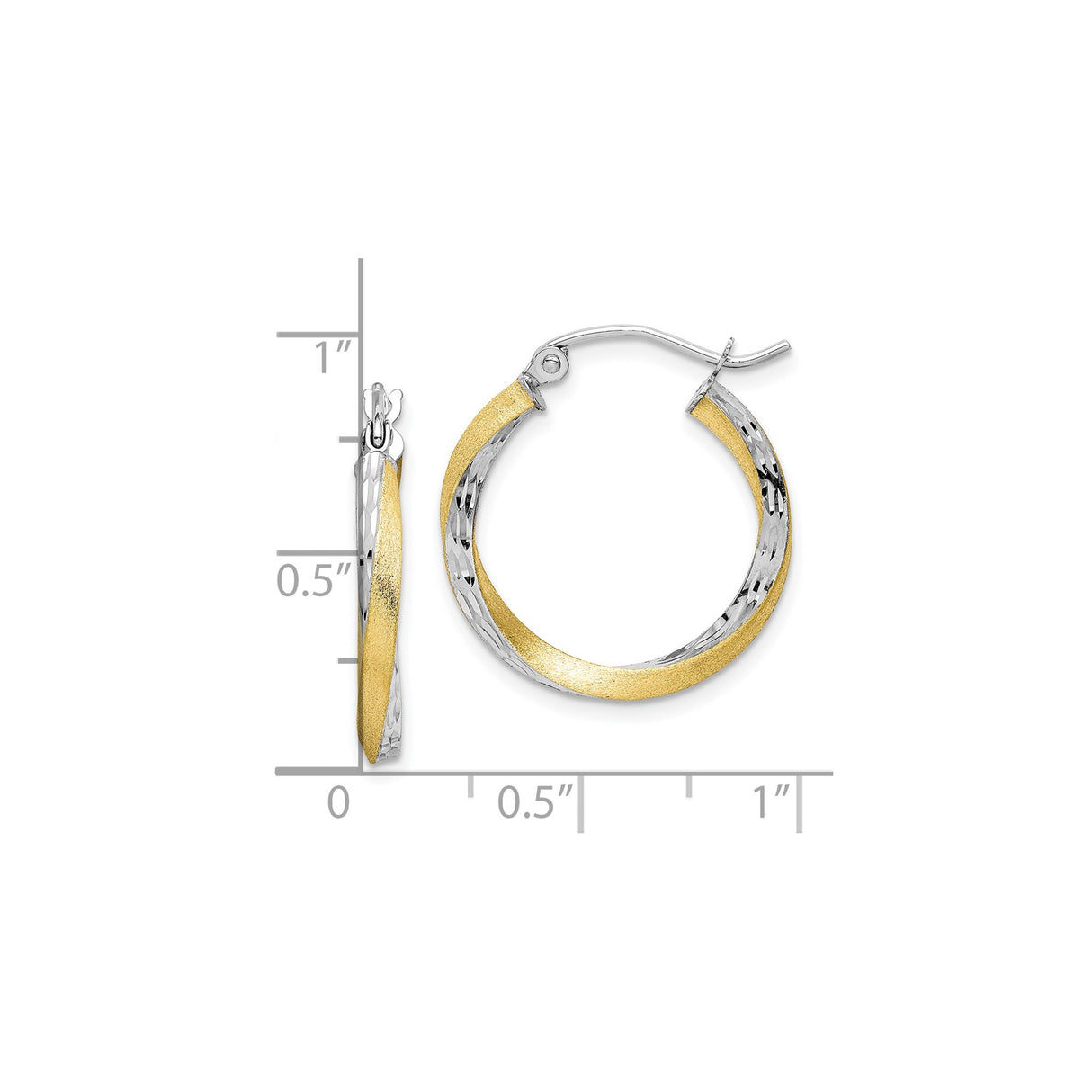 10k Yellow Gold Twisted Hoop Earrings, Two Tone Rhodium Plated, Diamond Cut, Medium Lightweight Hoops