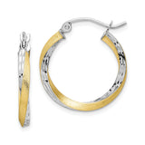 10k Yellow Gold Twisted Hoop Earrings, Two Tone Rhodium Plated, Diamond Cut, Medium Lightweight Hoops