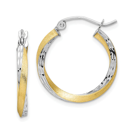 10k Yellow Gold Twisted Hoop Earrings, Two Tone Rhodium Plated, Diamond Cut, Medium Lightweight Hoops