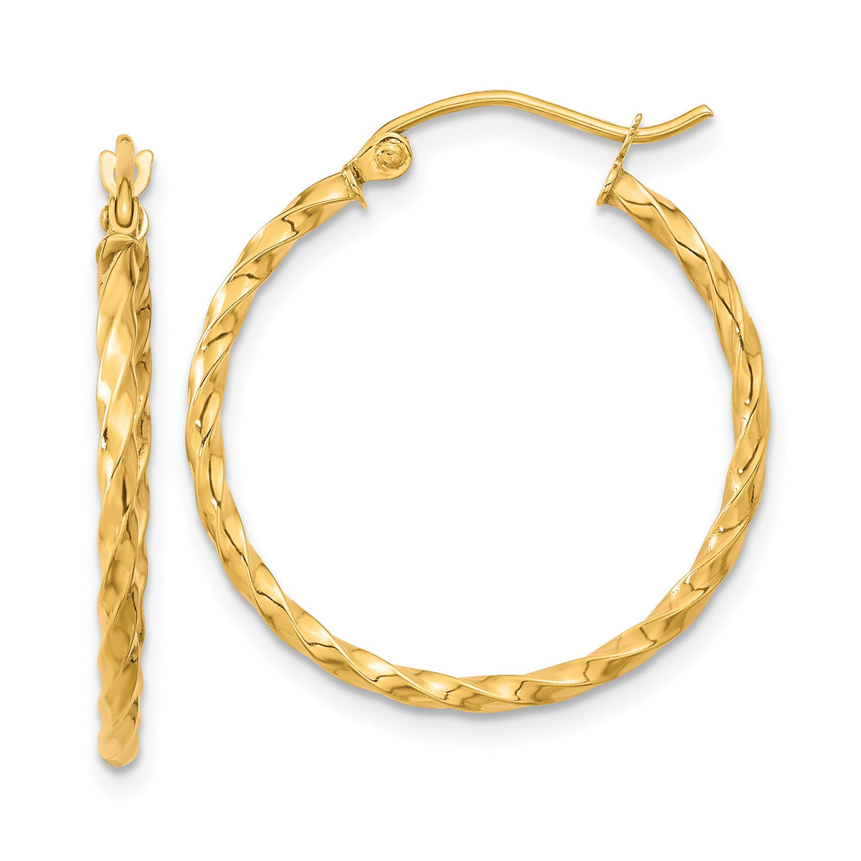 10k Yellow Gold Twisted Hoop Earrings with Diamond Cut Detail, Lightweight Polished Design