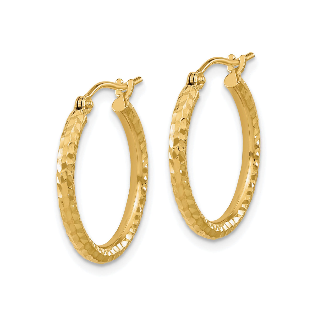 10k Yellow Gold Hoop Earrings with Hammered Faceted Finish, Textured Round Design for Women