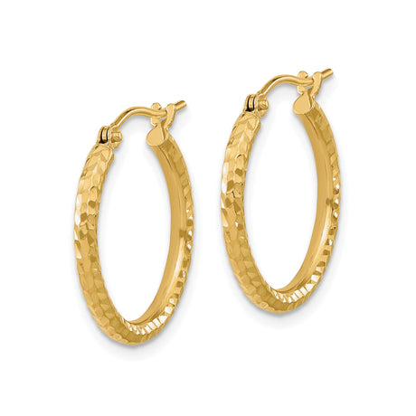 10k Yellow Gold Hoop Earrings with Hammered Faceted Finish, Textured Round Design for Women
