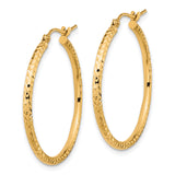 10k Yellow Gold Hoop Earrings, Hammered Diamond-Cut Round Tube with Textured Finish