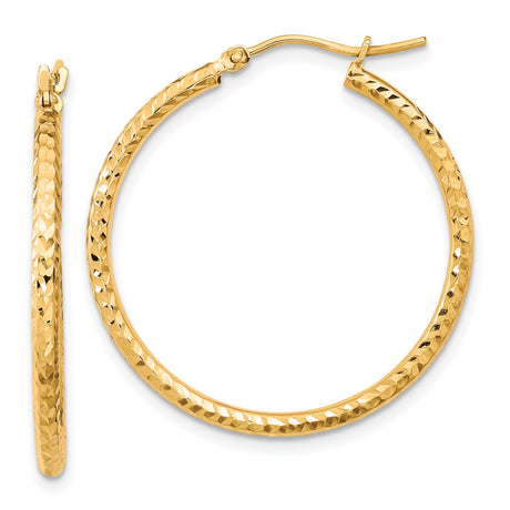 10k Yellow Gold Hoop Earrings, Hammered Diamond-Cut Round Tube with Textured Finish