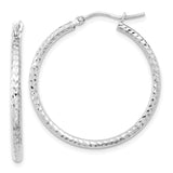 10k White Gold Hoop Earrings, Diamond Cut Round Tube with Textured Finish
