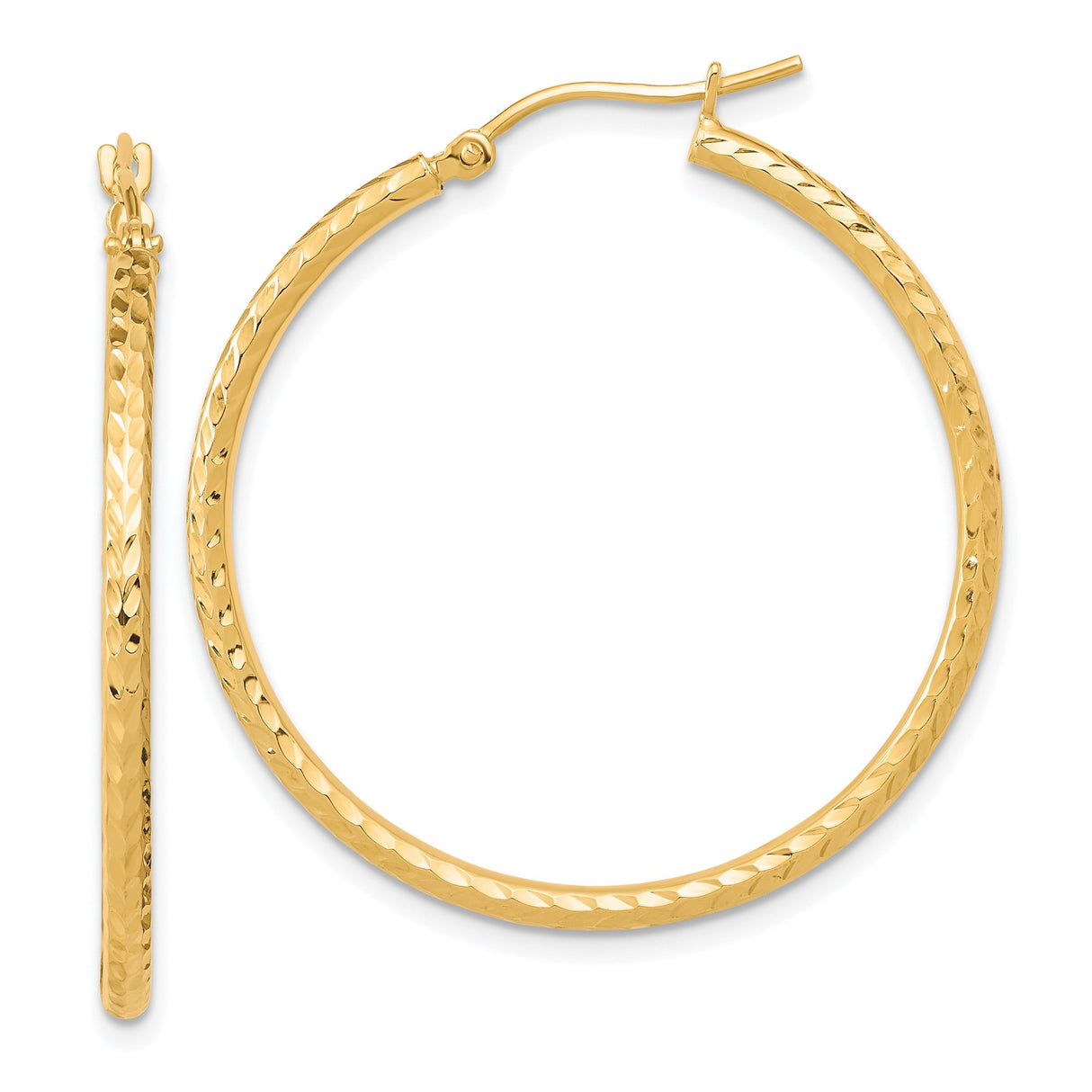 10k Yellow Gold Hoop Earrings, Diamond-Cut Textured Finish, Classic Round Tube Design