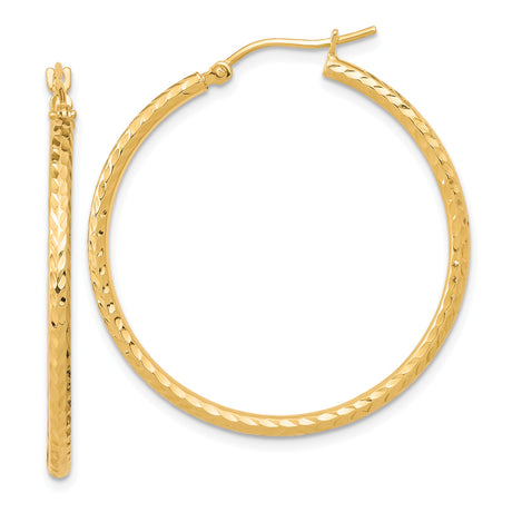 10k Yellow Gold Hoop Earrings, Diamond-Cut Textured Finish, Classic Round Tube Design