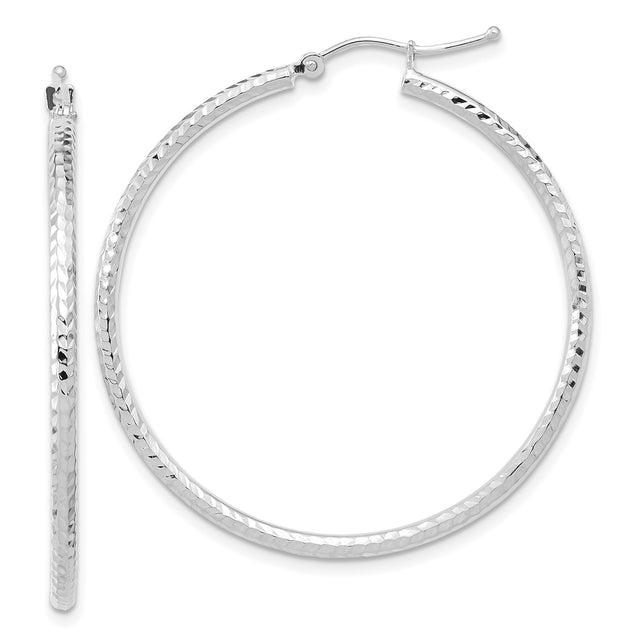 10k White Gold Hoop Earrings, Diamond Cut Textured Round Tube Design for Women