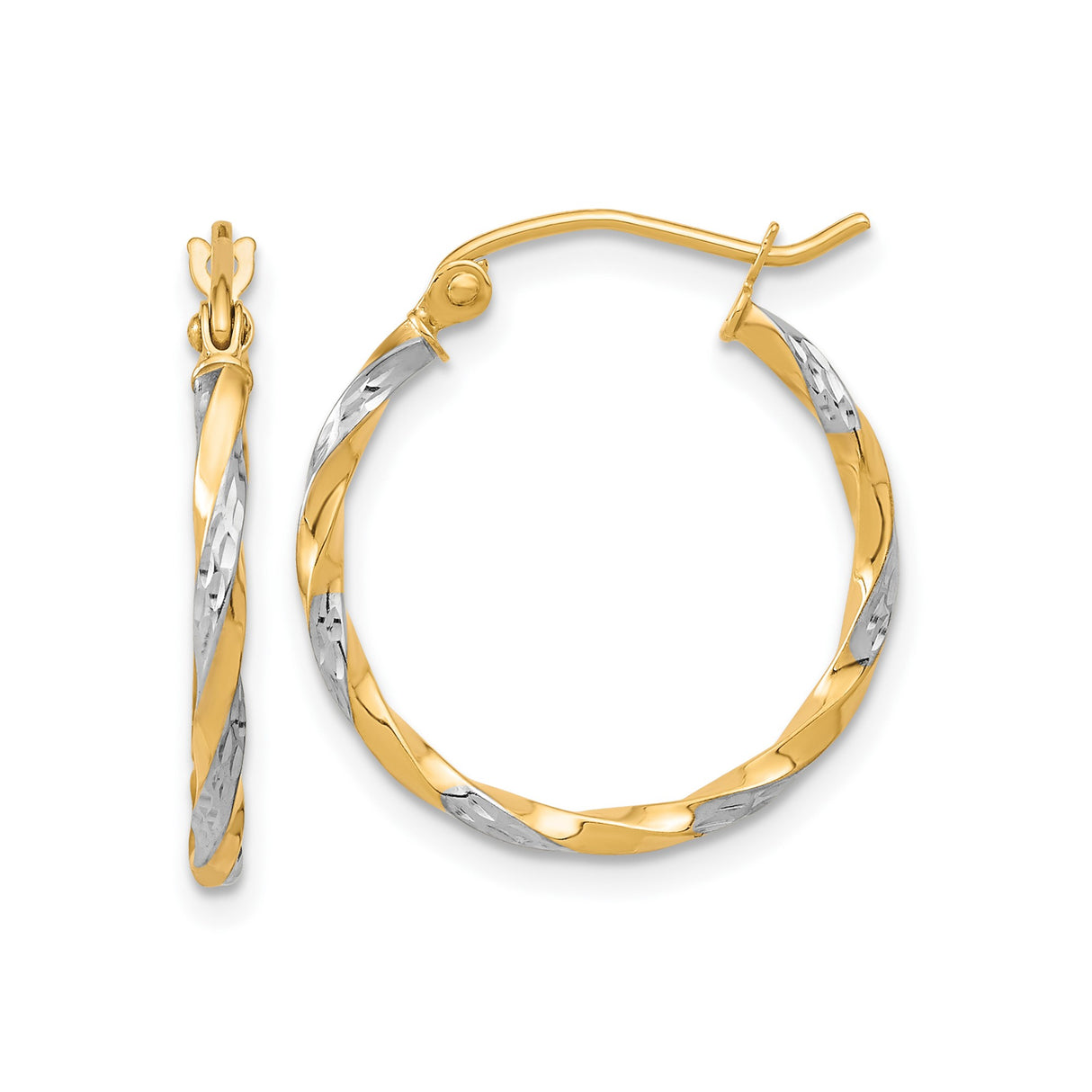 10k Yellow Gold Twisted Hoop Earrings, Diamond Cut Two-Tone Polished Design for Women