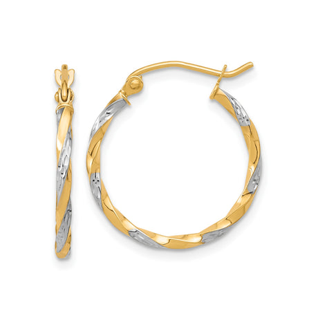 10k Yellow Gold Twisted Hoop Earrings, Diamond Cut Two-Tone Polished Design for Women