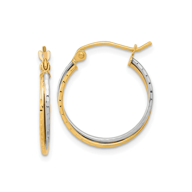 10k Two-Tone Gold Hoop Earrings, Polished and Textured Round Design for Women
