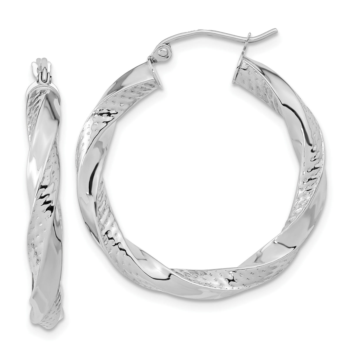 10k White Gold Hoop Earrings with Twisted Textured and Polished Finish for Women