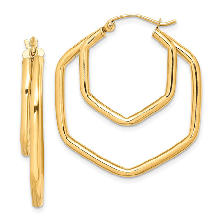 10k Yellow Gold Hexagon Hoop Earrings, Lightweight Geometric Design for Women