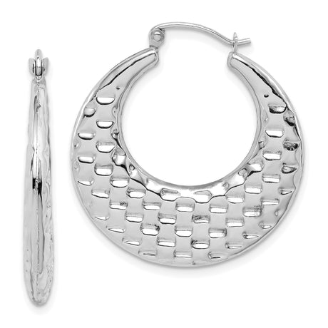 10k White Gold Hoop Earrings with Textured Basketweave Design and High Polish Finish