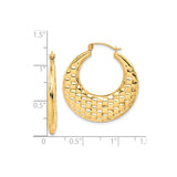 10k Yellow Gold Hoop Earrings with Textured Crescent Hammered Basketweave Design for Women