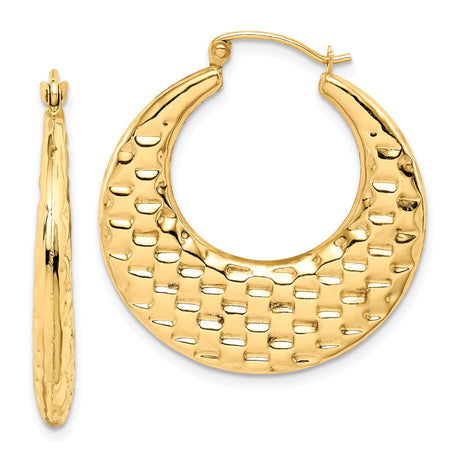 10k Yellow Gold Hoop Earrings with Textured Crescent Hammered Basketweave Design for Women