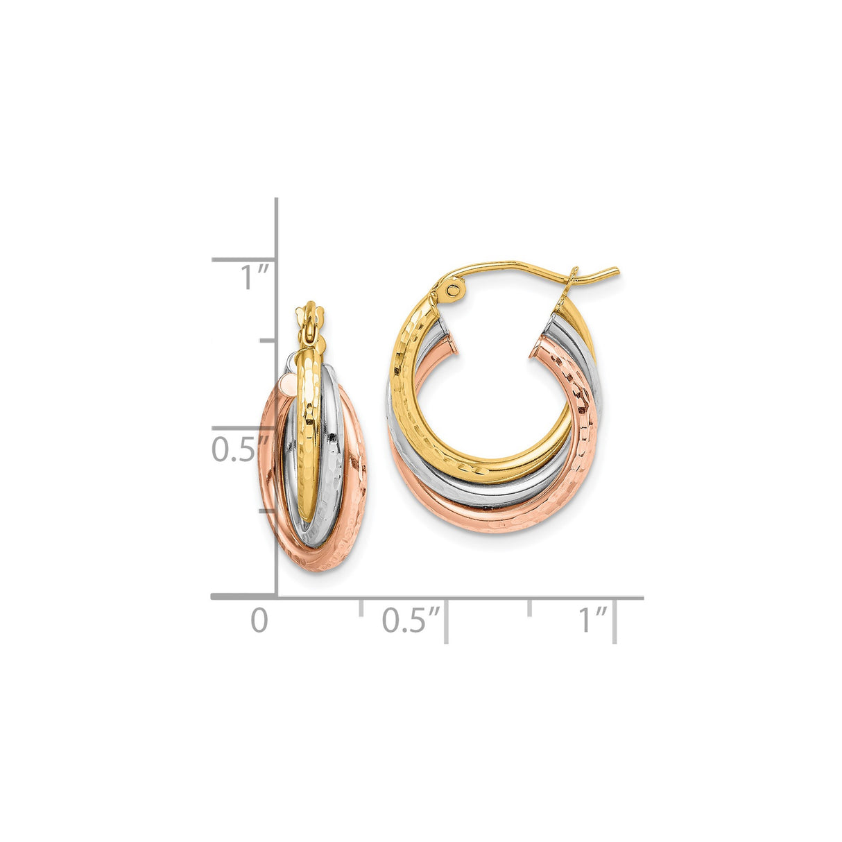 10k Yellow Gold Hoop Earrings, Tri-Color Intertwined Design with Hammered Finish